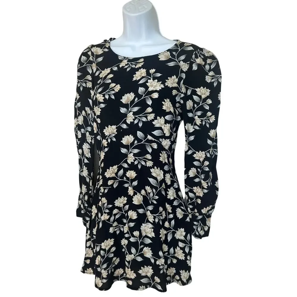 Flynn Skye Black Floral Mini Dress SMALL Work Career Long Sleeve Designer $172